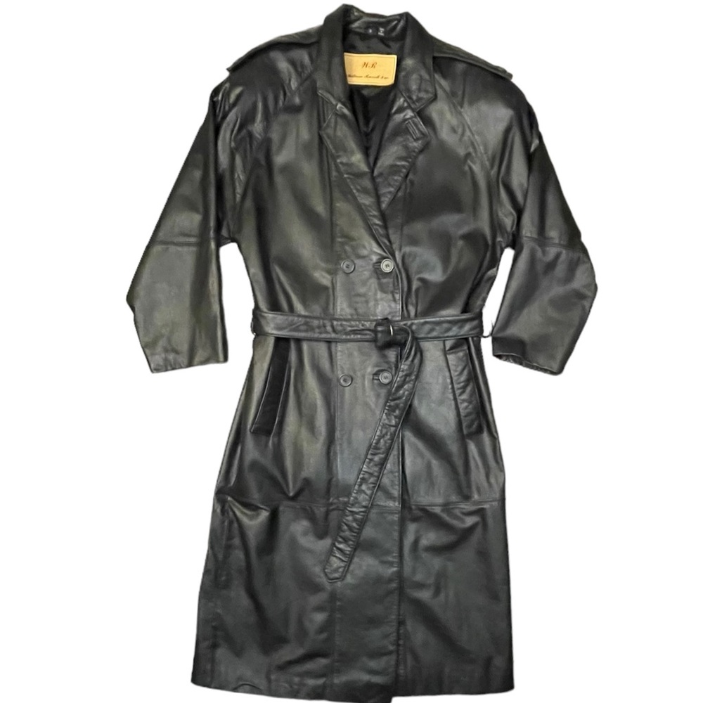 Vintage William Russell Men's Leather Trench Coat Duster with Belt Small Black
